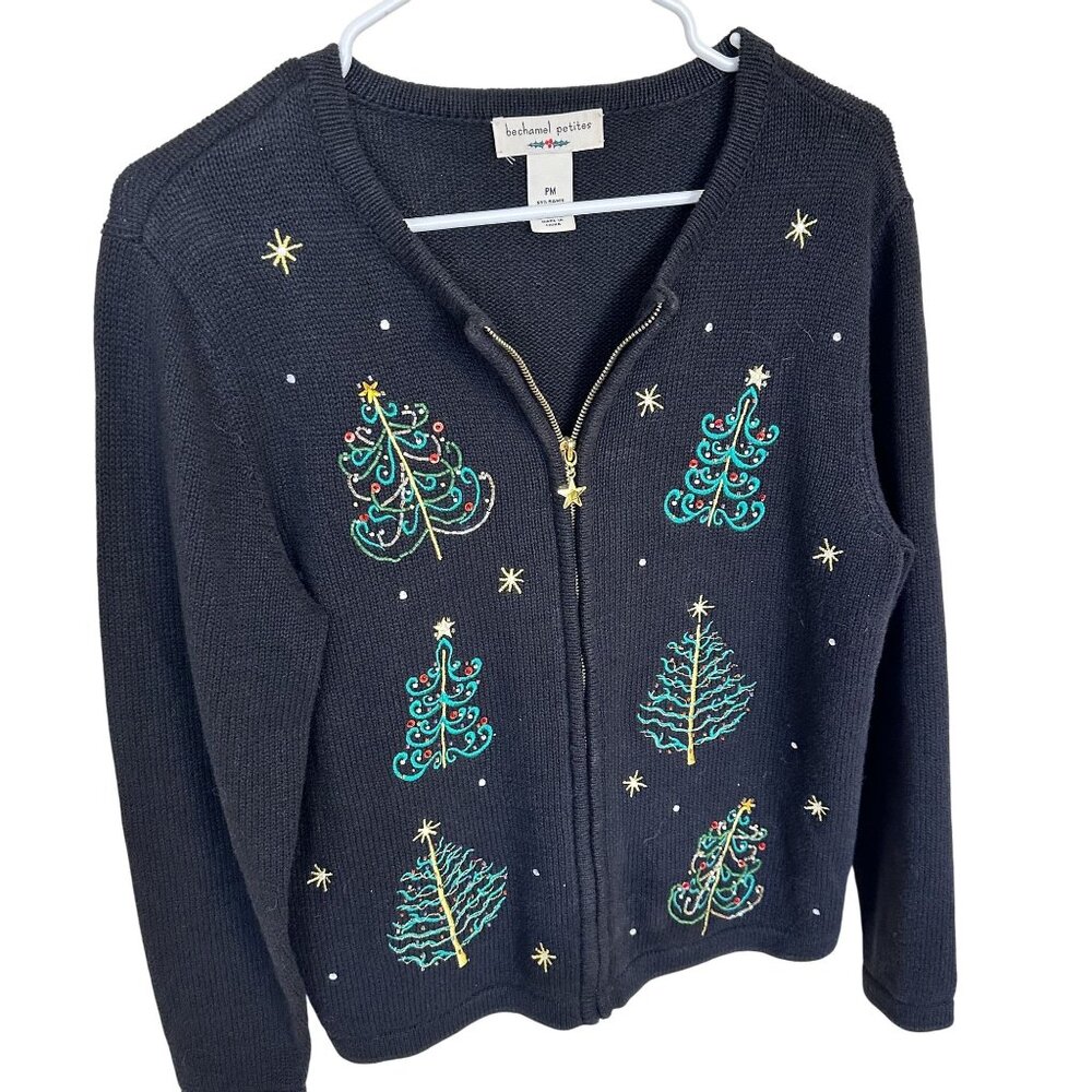 Bechamel Petites Womens Holiday Sweater Cardigan PM Black Christmas Tree Zip Up